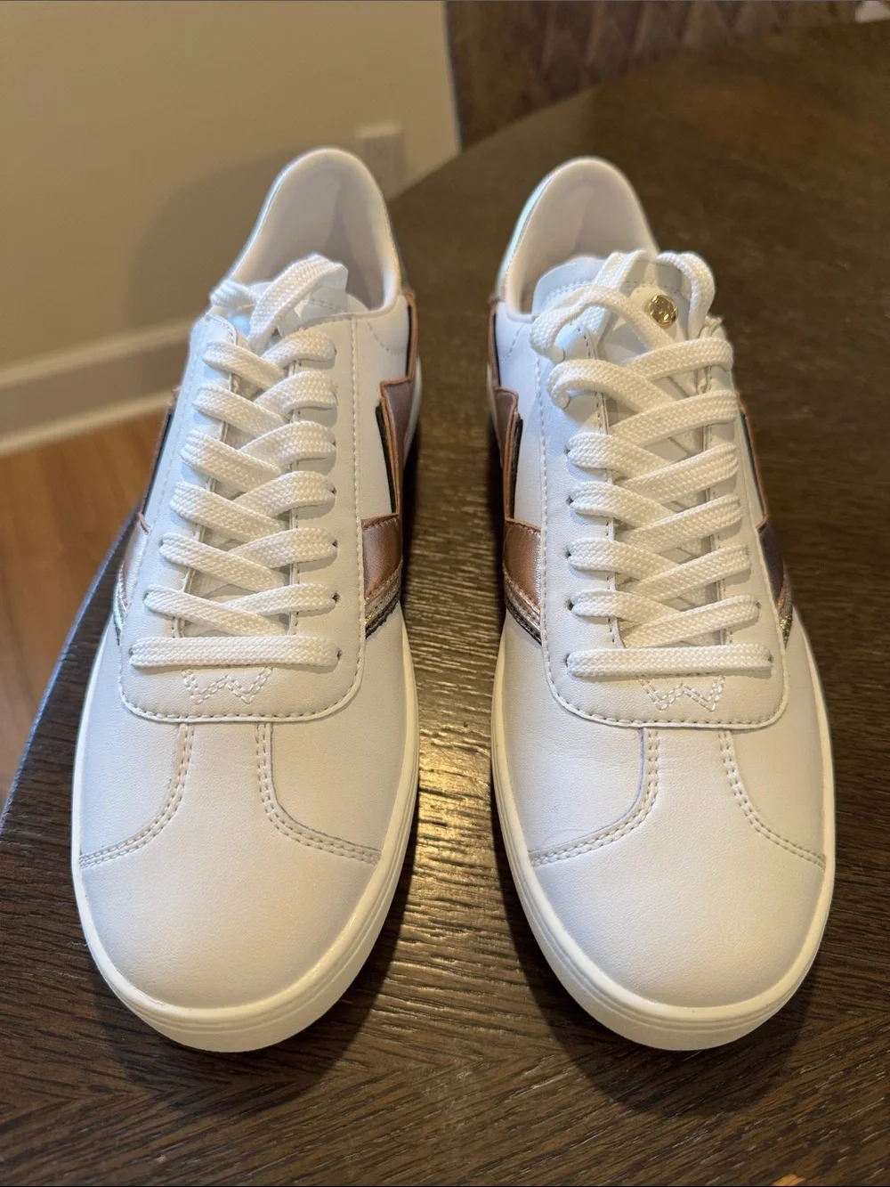 Stuart Weitzman White Sneakers with Metallic Rose Gold and Silver Accents